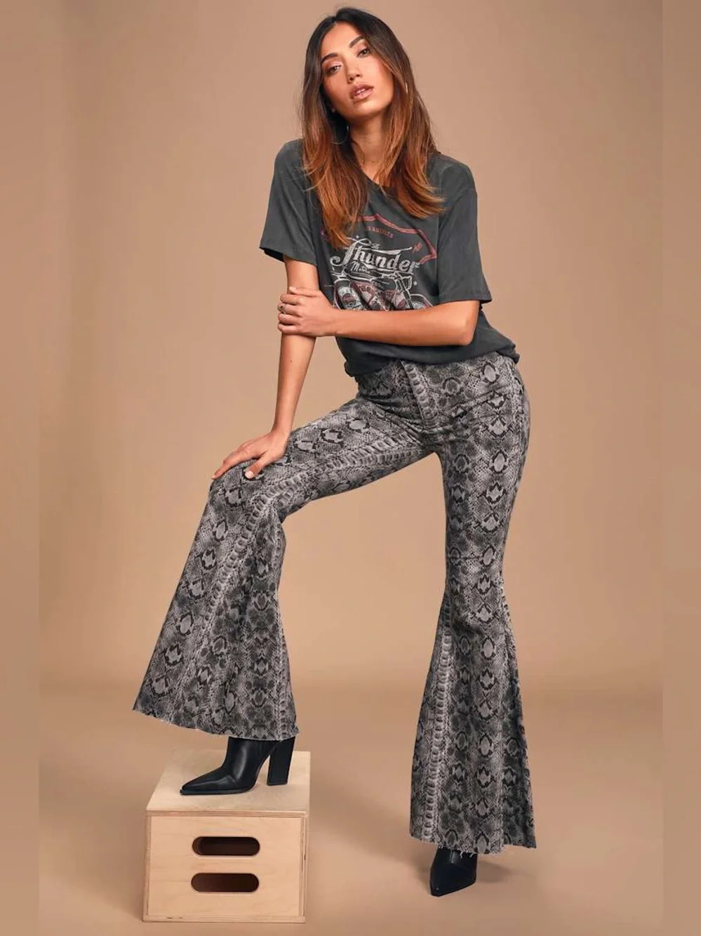 We The Free Free People Just Float On Snake Print Flare Bell Bottom Jeans